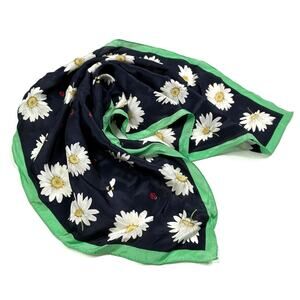 Talbots Vintage Silk Scarf Navy Blue Green Daisy Ladybug Print 21.5” Square